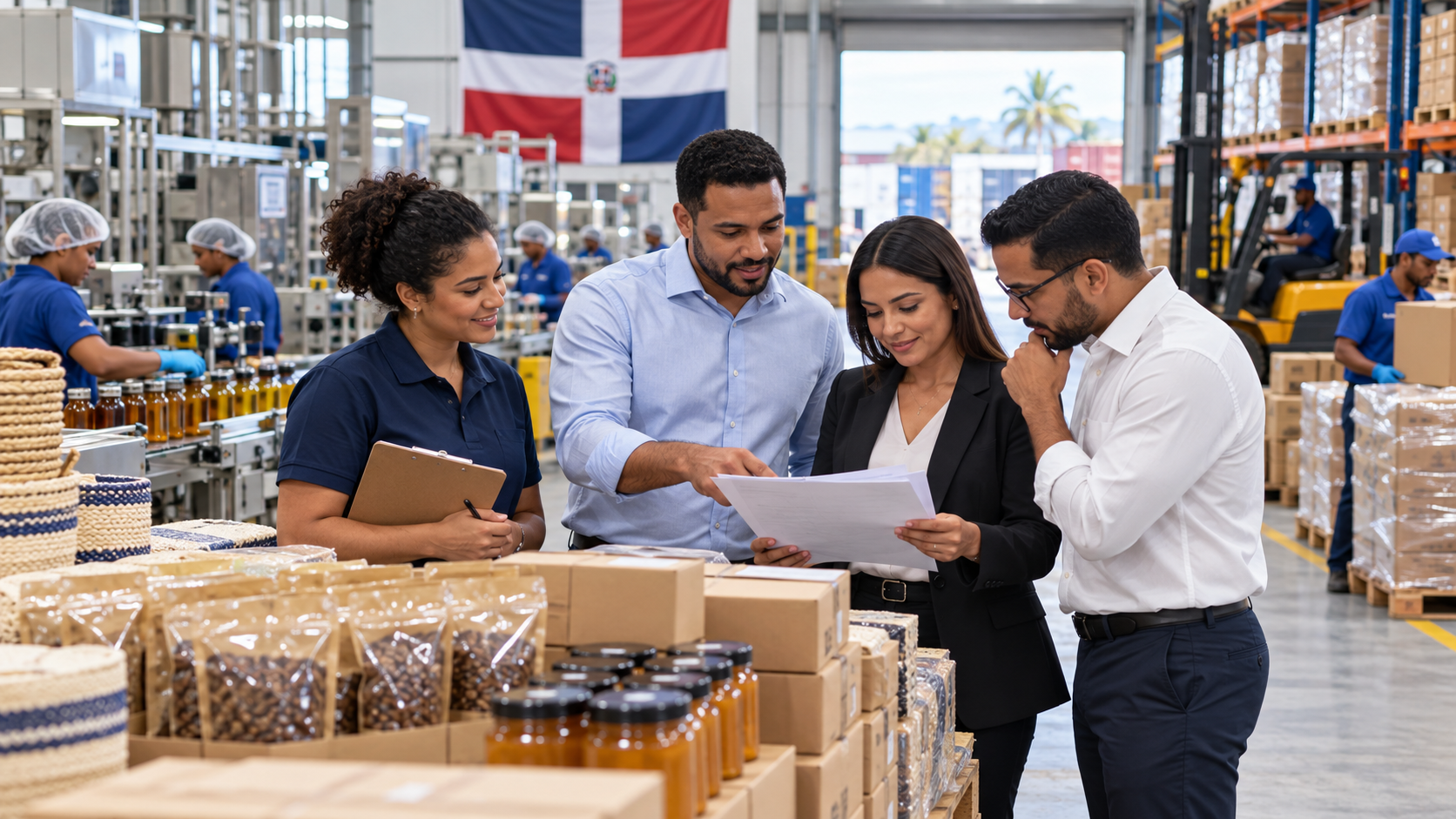 Empresarios de MIPYMES revisan productos nacionales en una planta de manufactura dominicana