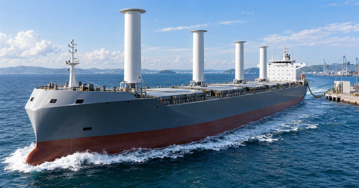 Buque de carga con rotores eólicos y conexión eléctrica en puerto
