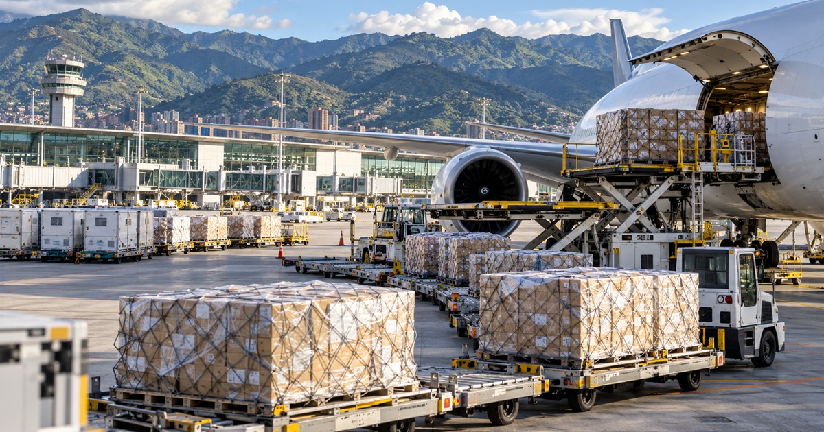 Paquetes de comercio electrónico son descargados de un avión de carga en Colombia