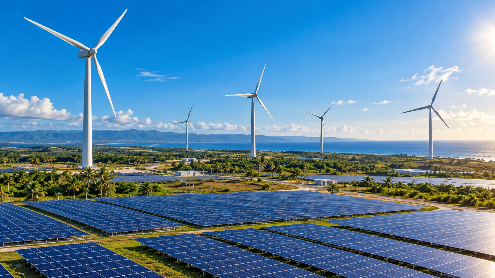 Paneles solares y turbinas eólicas en un complejo de energía renovable en el Caribe