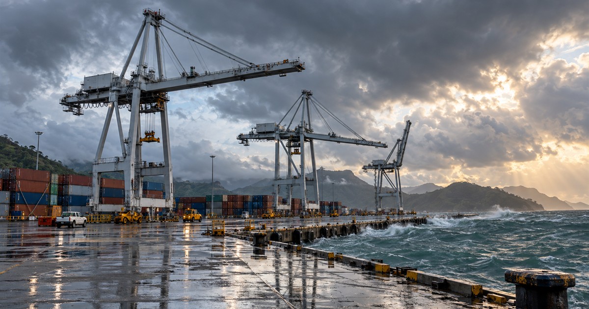 Grúas de muelle detenidas tras fuertes vientos en un puerto insular
