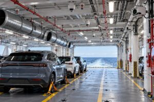 Cubierta de ferry con vehículos eléctricos asegurados y sistemas contra incendios