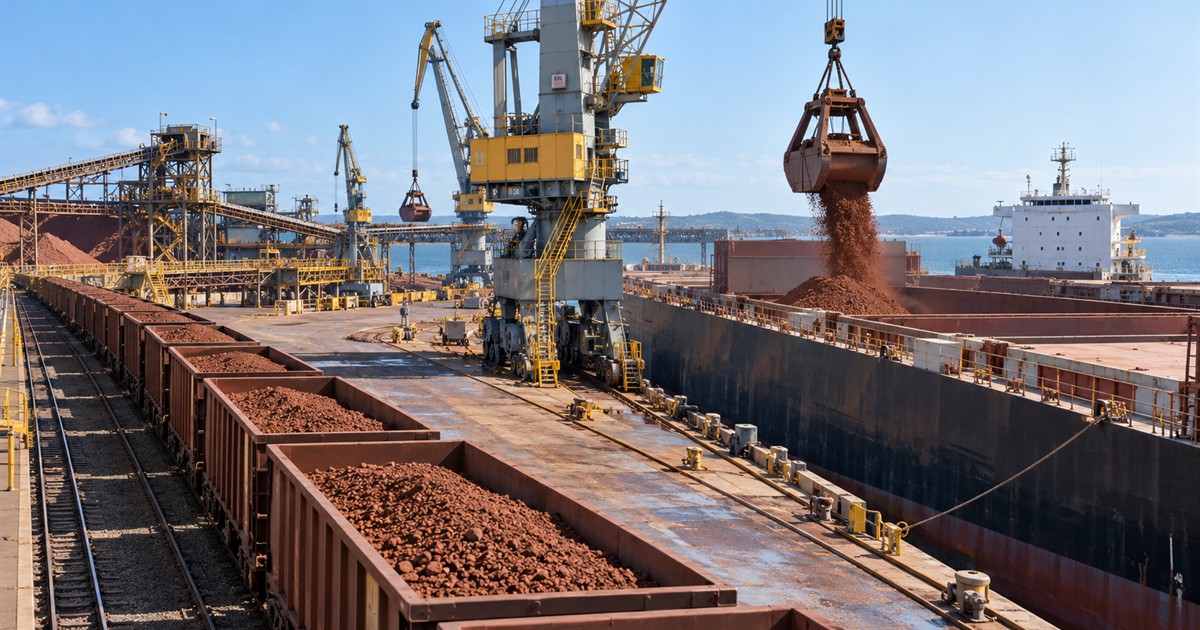 Tren de carga y grúas portuarias movilizan minerales hacia un buque