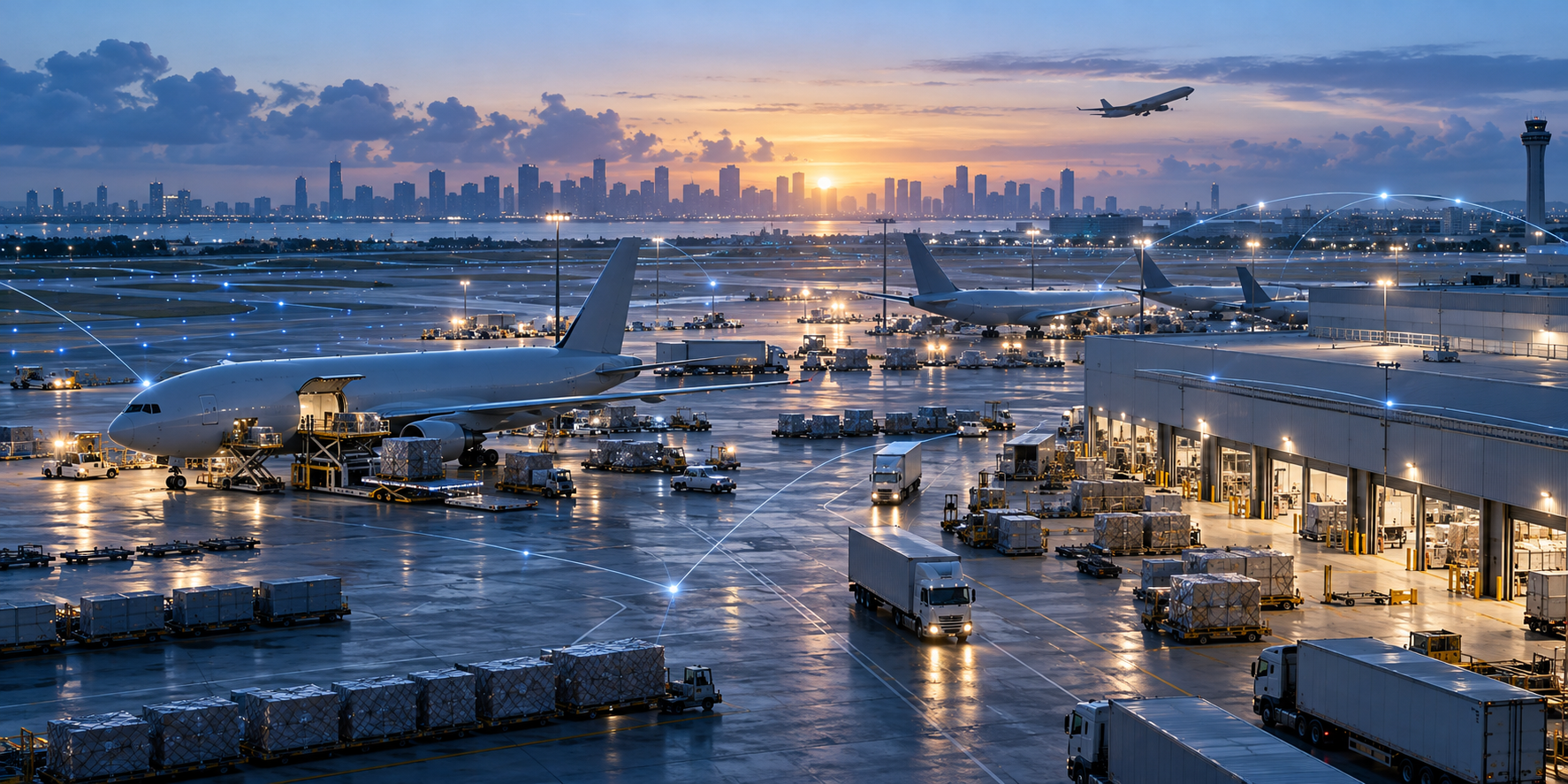 Vista editorial de operaciones de carga aérea y camiones en Miami con una plataforma digital coordinando la logística.
