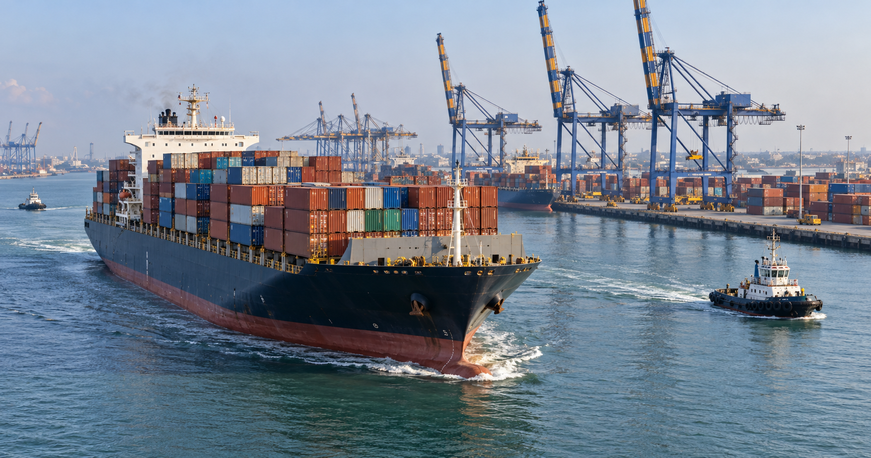 Imagen editorial original de un buque portacontenedores y terminal marítima en una ruta de exportación desde India.