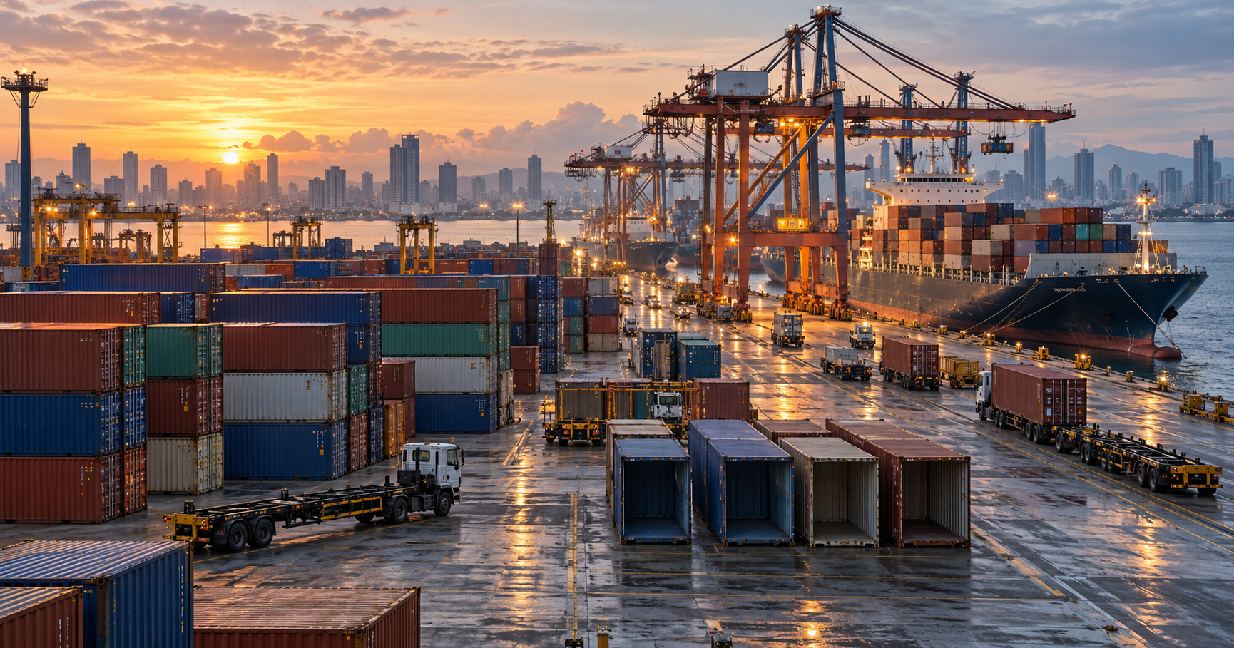 Contenedores y equipos en un puerto congestionado de Manila
