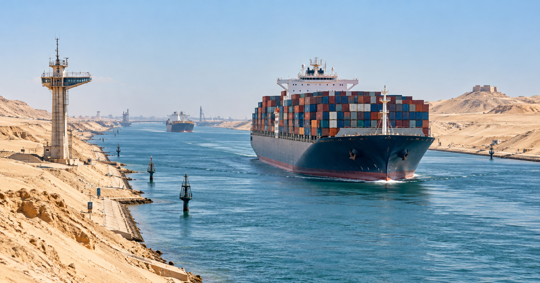 Ilustración editorial de un portacontenedores cruzando el canal de Suez