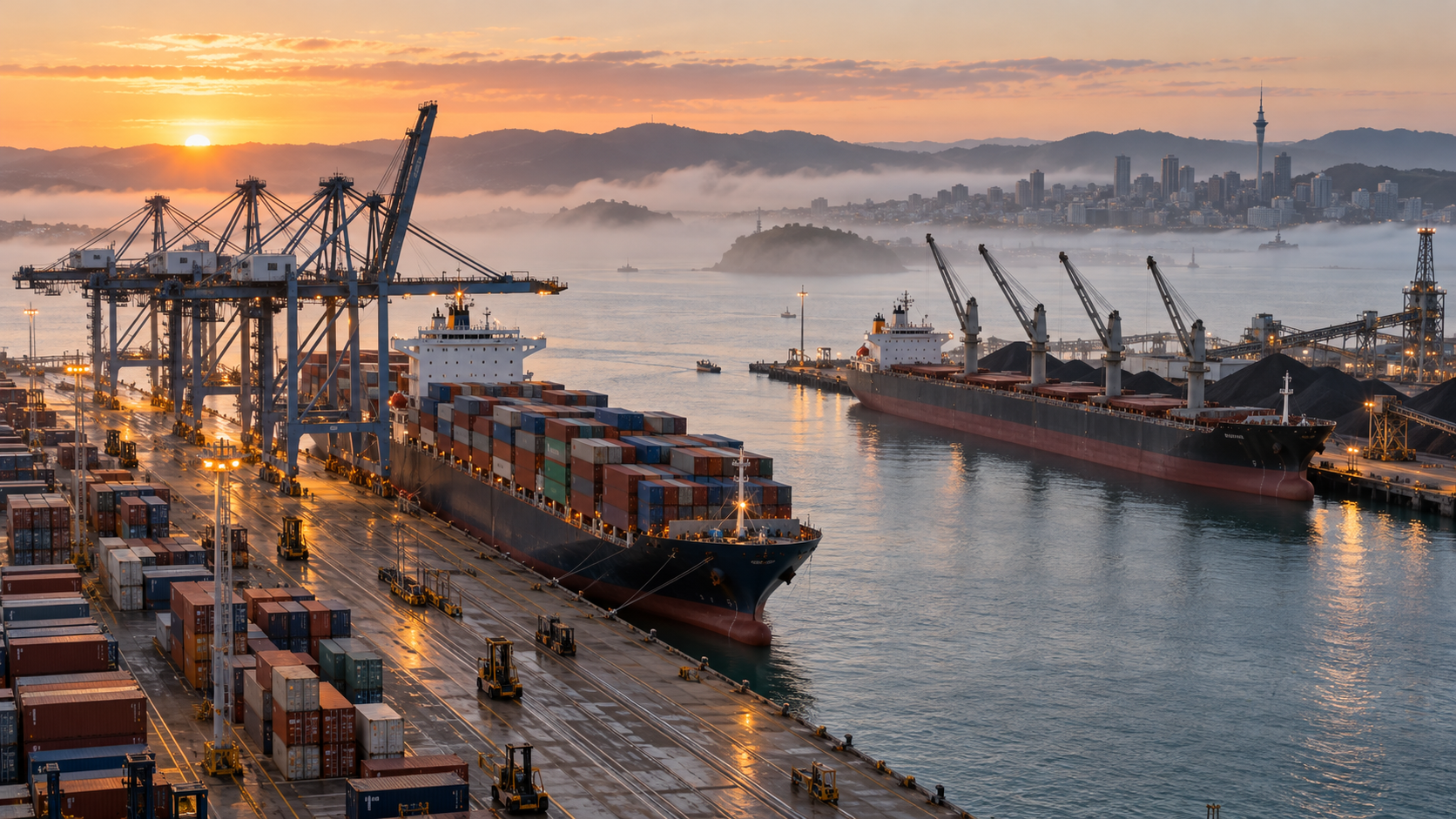 Port of Tauranga reduce su volumen trimestral y mantiene guía de ganancias; imagen ilustrativa generada con IA