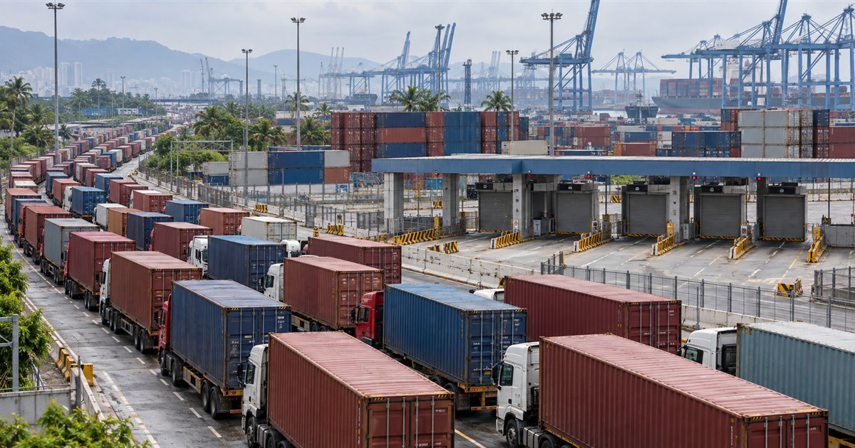Camiones con contenedores vacíos detenidos frente a terminal portuaria congestionada