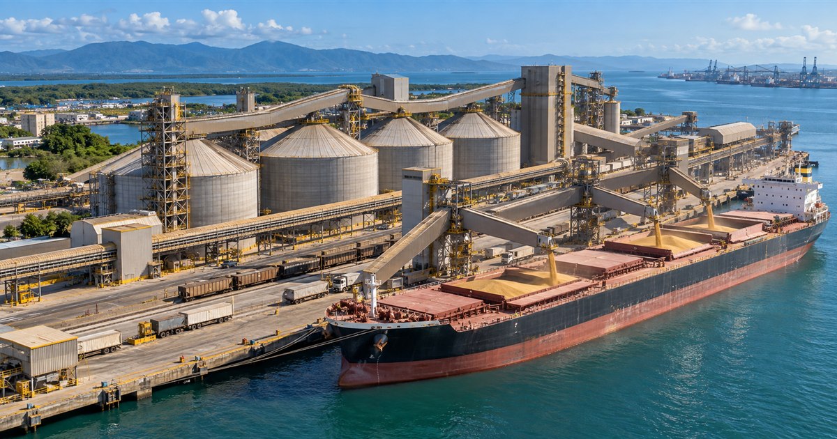 Terminal portuaria de graneles agrícolas con silos, cintas y buque carguero